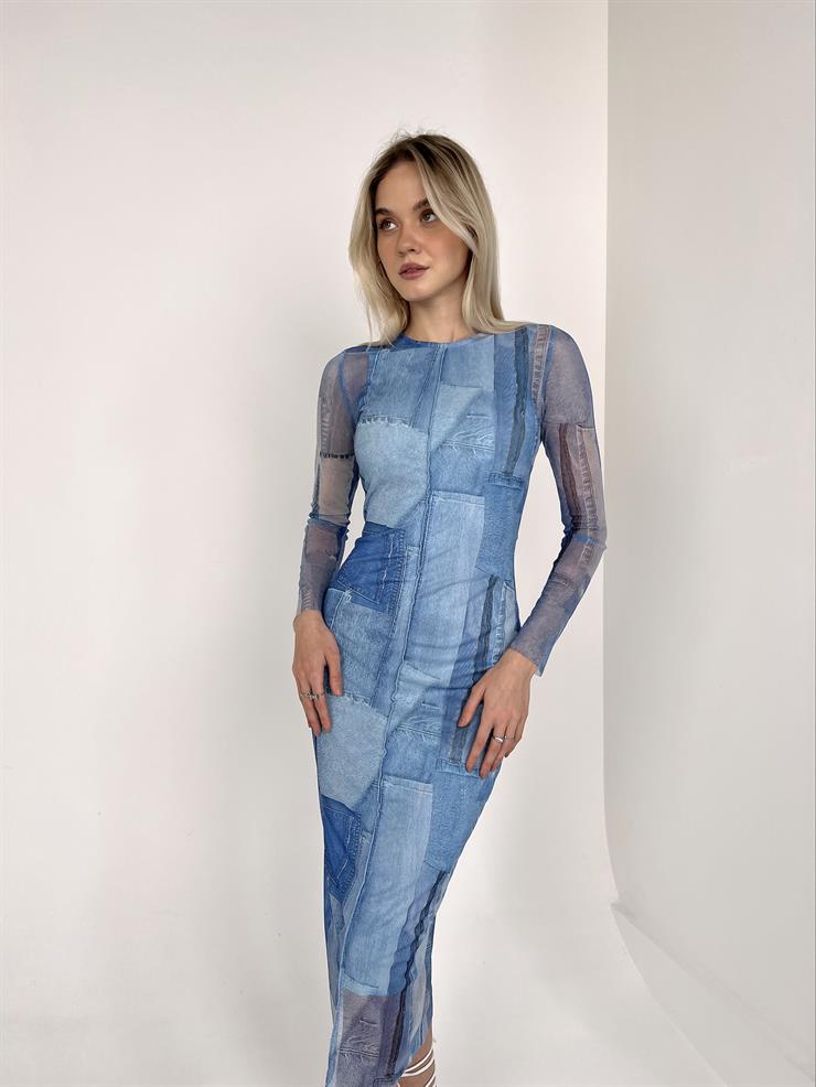 Bisiklet Yaka Nadine Kadın Desenli Mavi Tül Midi Elbise 23Y000125