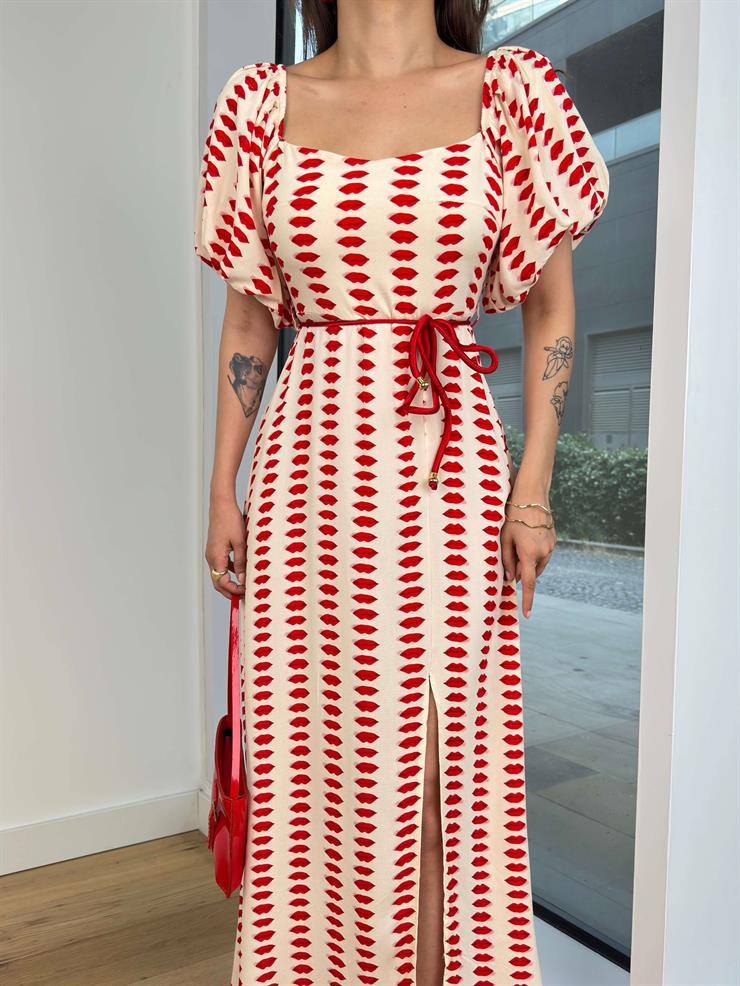 Balon Kol Kare Yaka Belden Bağlamalı Naglis Kadın Kırmızı Desenli Elbise 24Y729