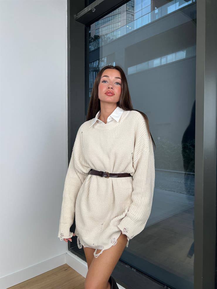 Bisiklet Yaka Yırtık Detaylı Nahuel Kadın Taş Triko Kazak Elbise 24k213