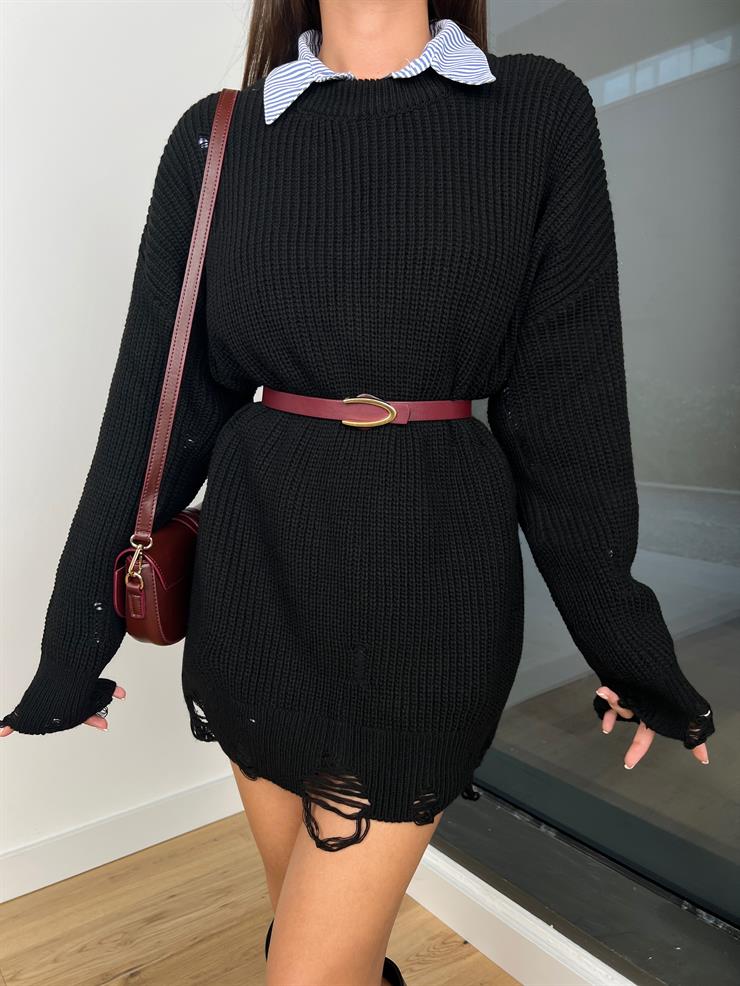 Bisiklet Yaka Yırtık Detaylı Nahuel Kadın Siyah Triko Kazak Elbise 24k213