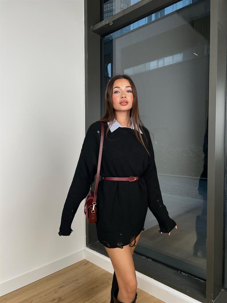 Bisiklet Yaka Yırtık Detaylı Nahuel Kadın Siyah Triko Kazak Elbise 24k213