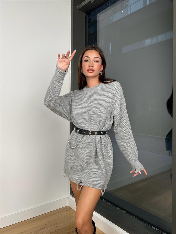 Bisiklet Yaka Yırtık Detaylı Nahuel Kadın Gri Triko Kazak Elbise 24k213