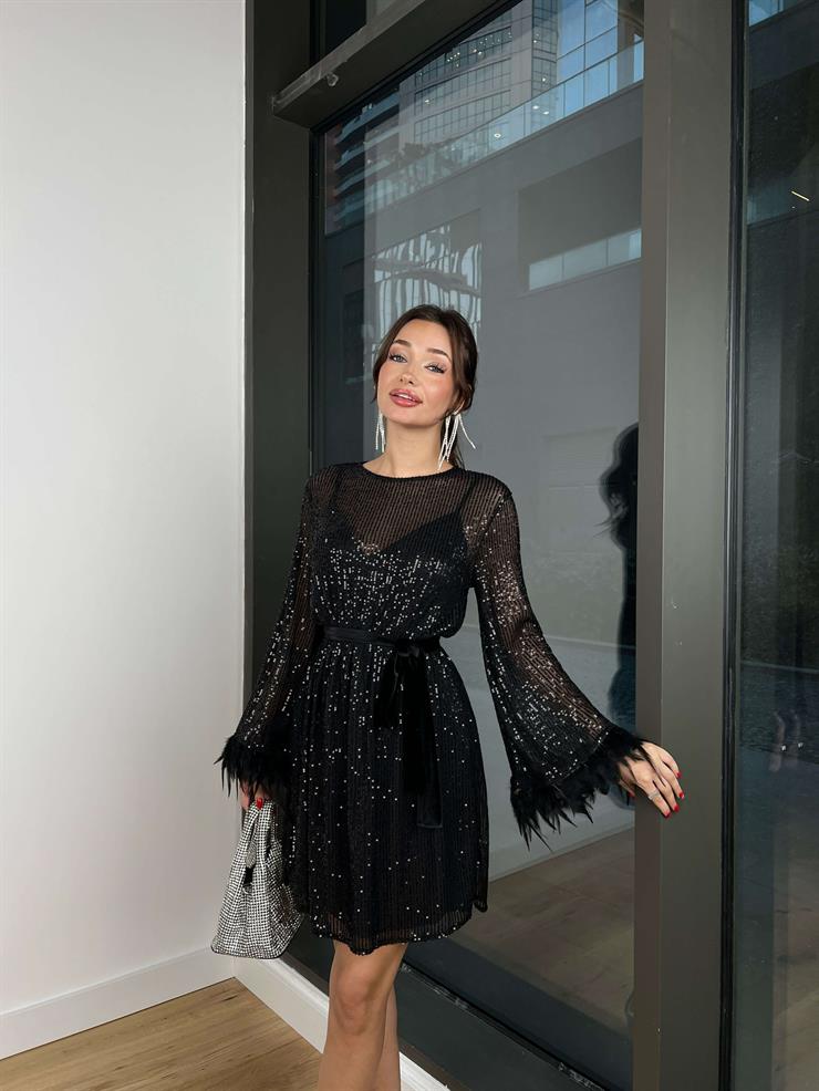 Kolları Tüy Detaylı Transparan Payetli Nalanda Kadın Siyah Mini Elbise 24k391