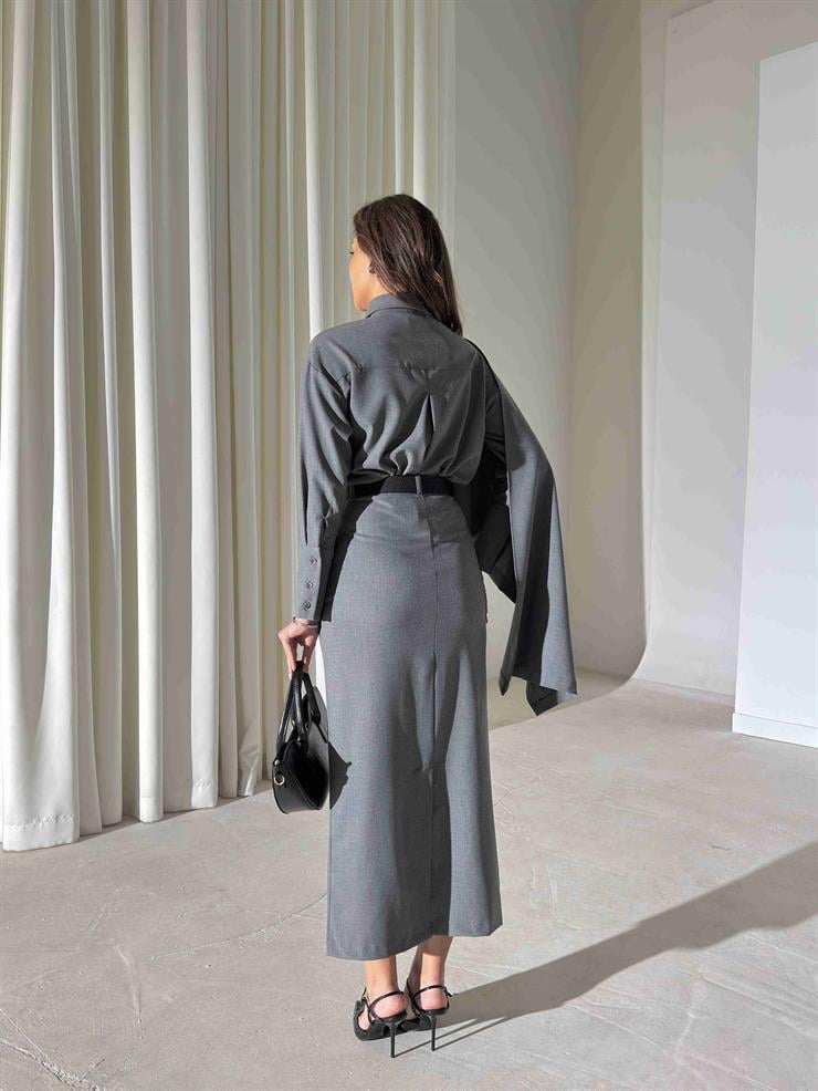 Şallı Gömlek Nalrina Gri Kadın İkili Etekli Takım 26K417