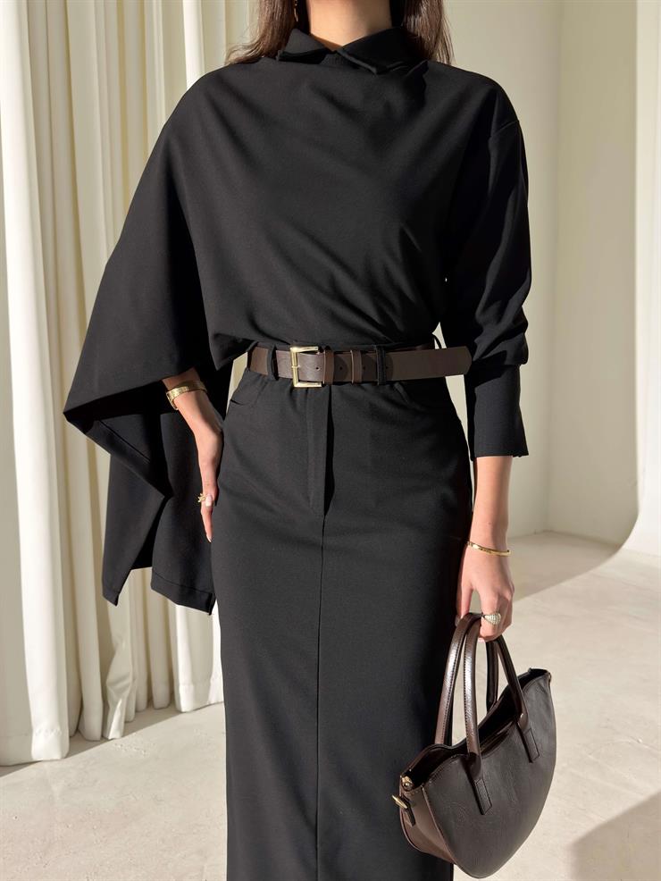 Şallı Gömlek Nalrina Siyah Kadın İkili Etekli Takım 26K417