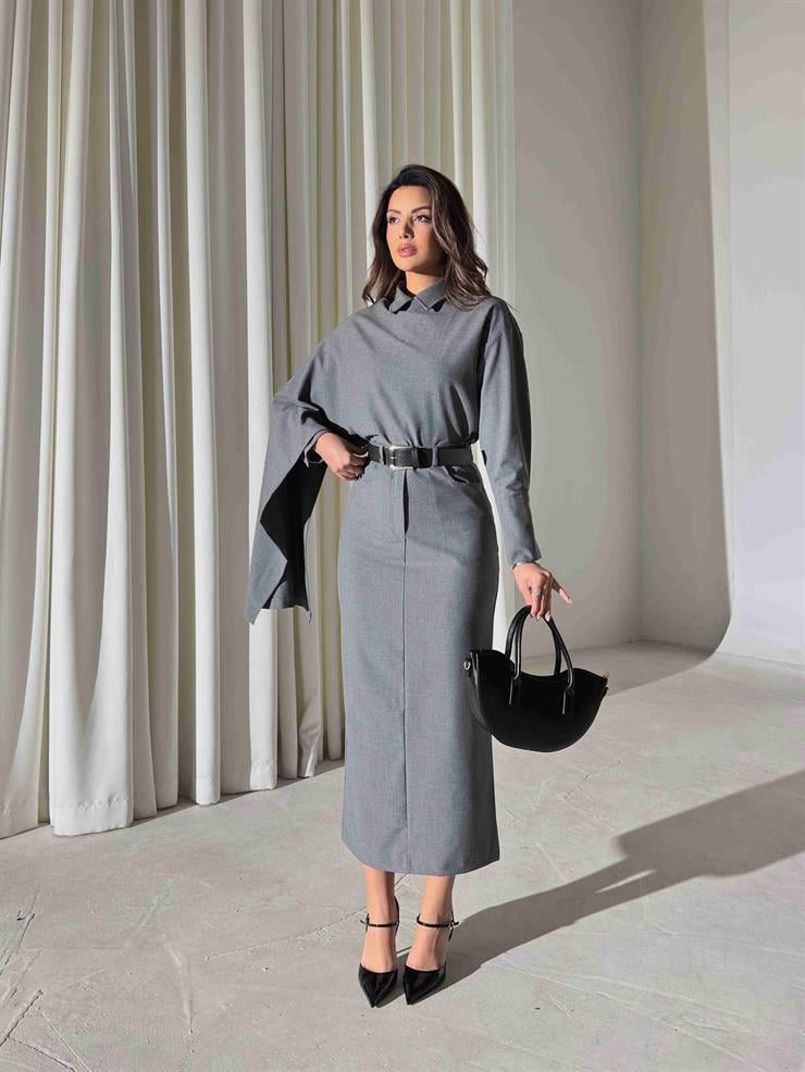 Şallı Gömlek Nalrina Gri Kadın İkili Etekli Takım 26K417