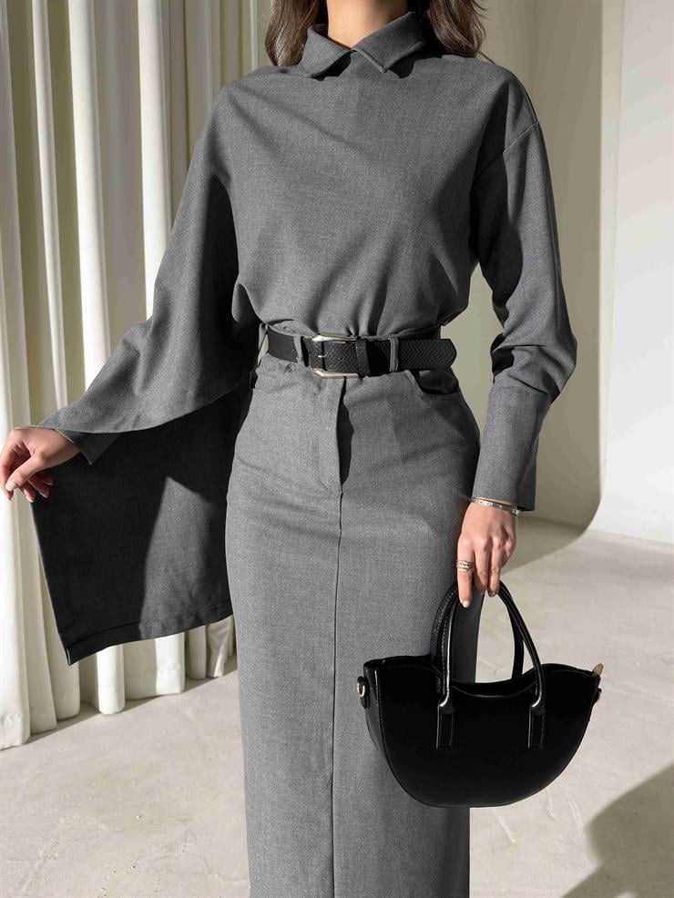 Şallı Gömlek Nalrina Gri Kadın İkili Etekli Takım 26K417