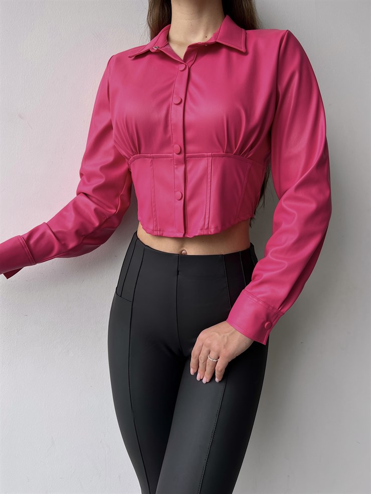 Çıtçıt Kapamalı Vegan Deri Nana Kadın Fuşya Crop Gömlek 23K000259
