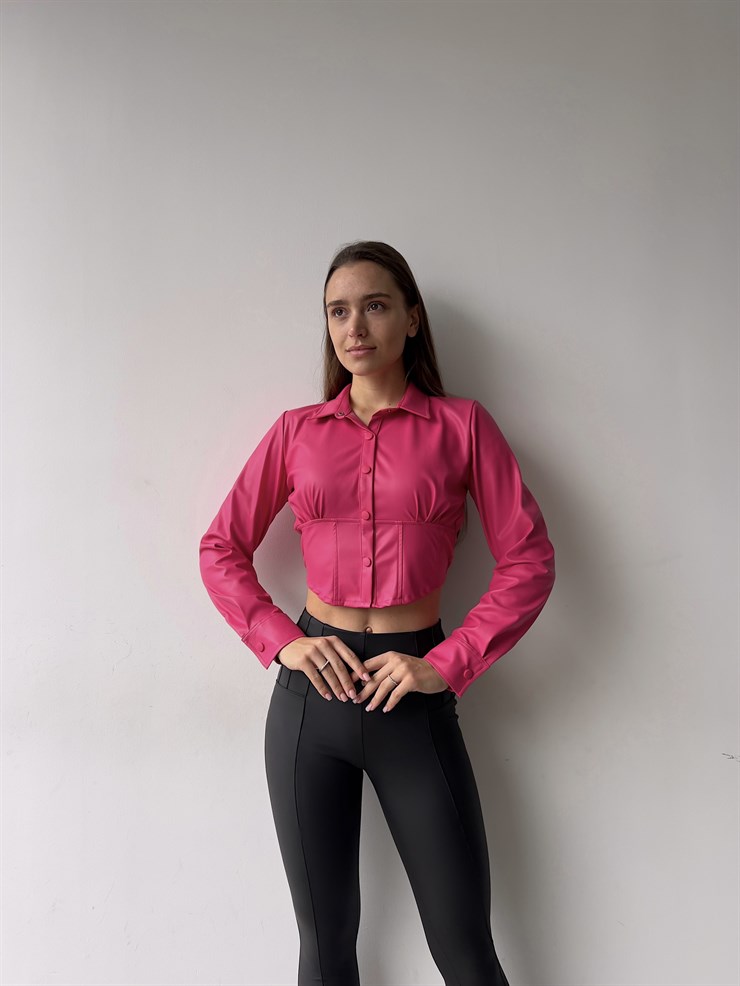 Çıtçıt Kapamalı Vegan Deri Nana Kadın Fuşya Crop Gömlek 23K000259