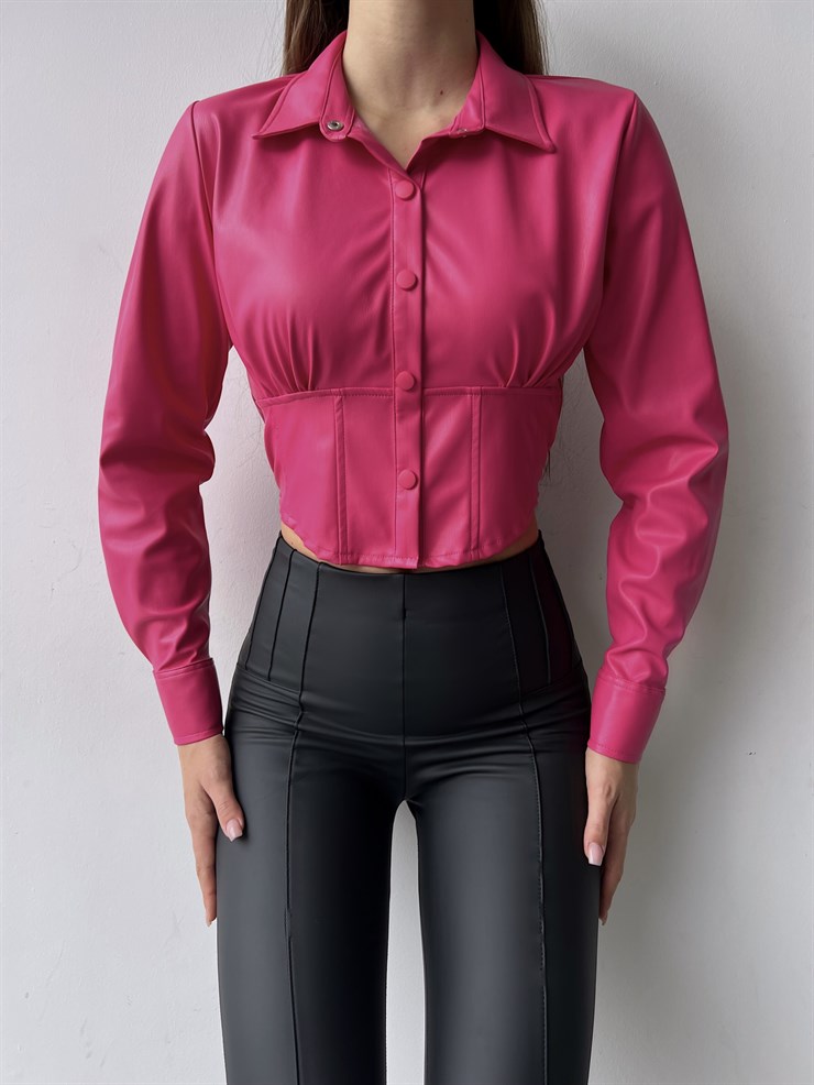 Çıtçıt Kapamalı Vegan Deri Nana Kadın Fuşya Crop Gömlek 23K000259