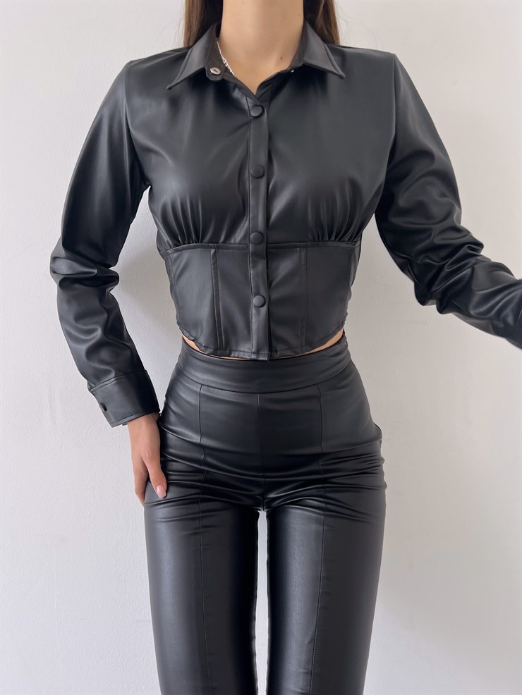 Çıtçıt Kapamalı Vegan Deri Nana Kadın Siyah Crop Gömlek 23K000259