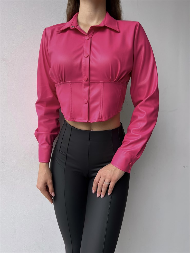Çıtçıt Kapamalı Vegan Deri Nana Kadın Fuşya Crop Gömlek 23K000259