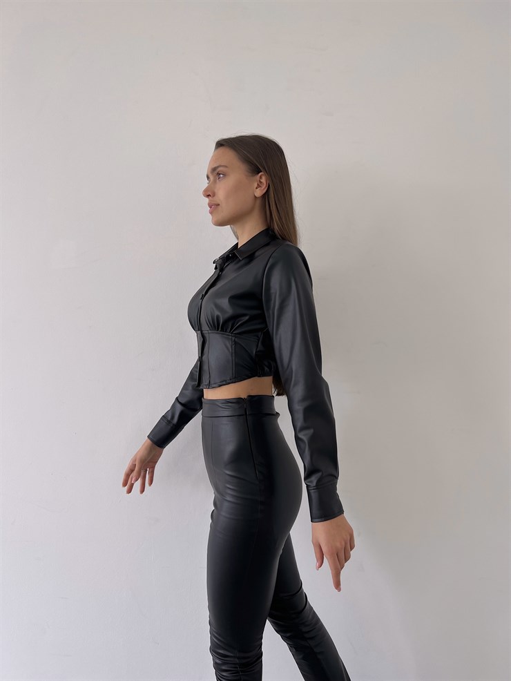 Çıtçıt Kapamalı Vegan Deri Nana Kadın Siyah Crop Gömlek 23K000259