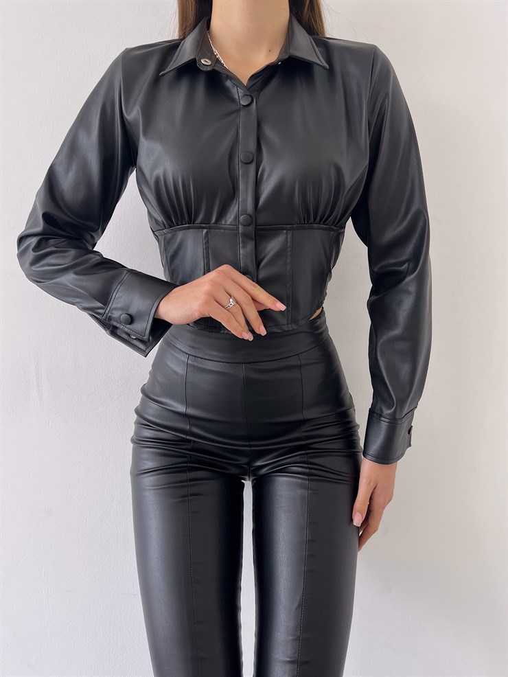 Çıtçıt Kapamalı Vegan Deri Nana Kadın Siyah Crop Gömlek 23K000259