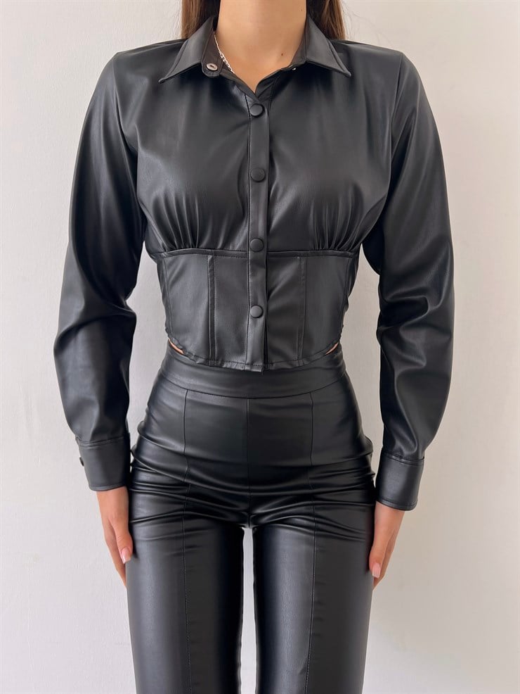 Çıtçıt Kapamalı Vegan Deri Nana Kadın Siyah Crop Gömlek 23K000259