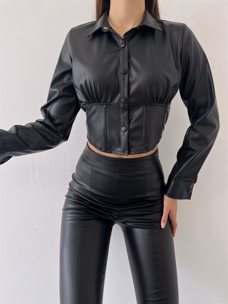 Çıtçıt Kapamalı Vegan Deri Nana Kadın Siyah Crop Gömlek 23K000259
