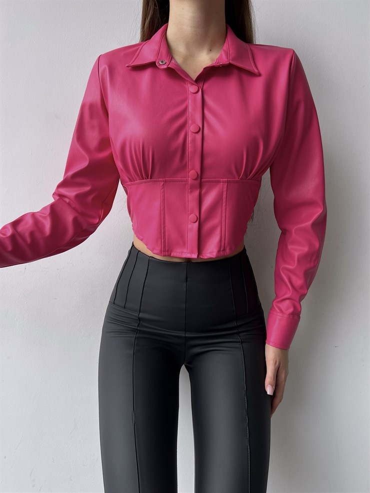 Çıtçıt Kapamalı Vegan Deri Nana Kadın Fuşya Crop Gömlek 23K000259