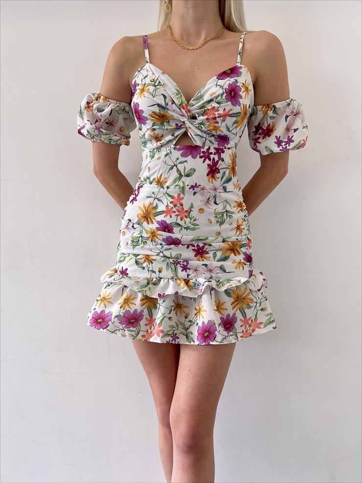 Askılı Göğüs Kısmı Drape Detaylı Nanne Ross Kadın Fuşya Eteği Volanlı Çiçekli Mini Elbise 23Y000216