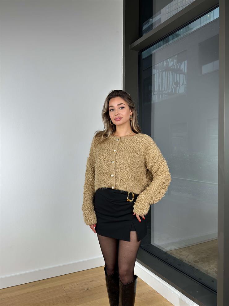 İnci Düğmeli Püsküllü Naonka Camel Kadın Hırka 25K321