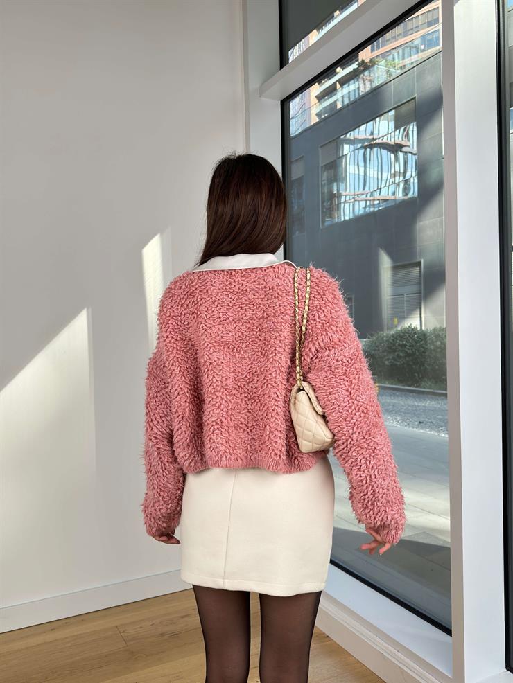 İnci Düğmeli Püsküllü Naonka Pudra Kadın Hırka 25K321