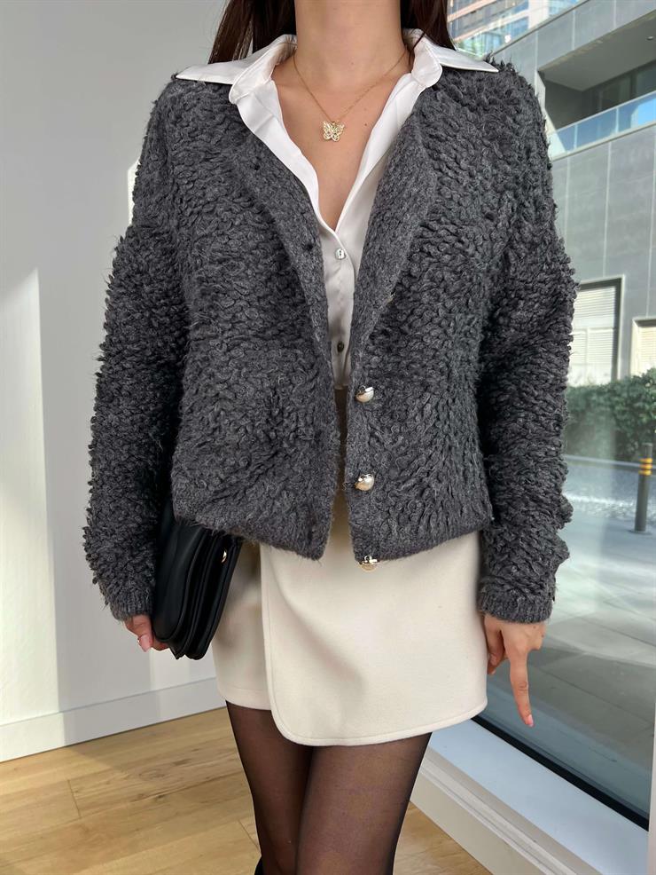 İnci Düğmeli Püsküllü Naonka Antrasit Kadın Hırka 25K321