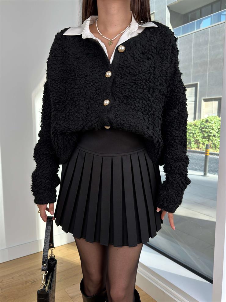 İnci Düğmeli Püsküllü Naonka Siyah Kadın Hırka 25K321