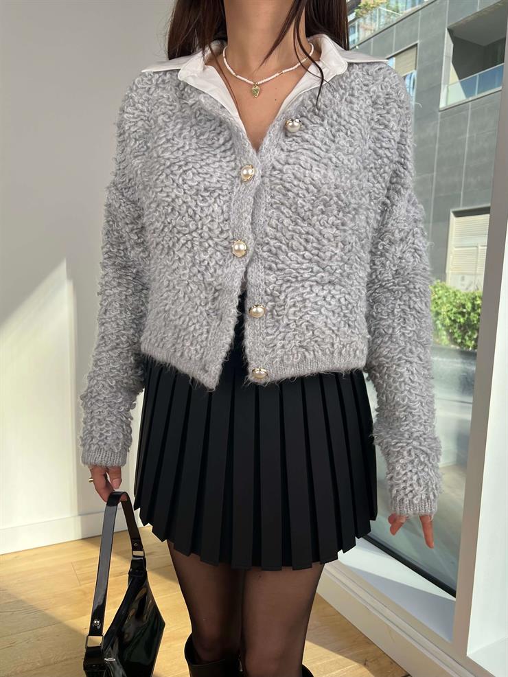 İnci Düğmeli Püsküllü Naonka Gri Kadın Hırka 25K321