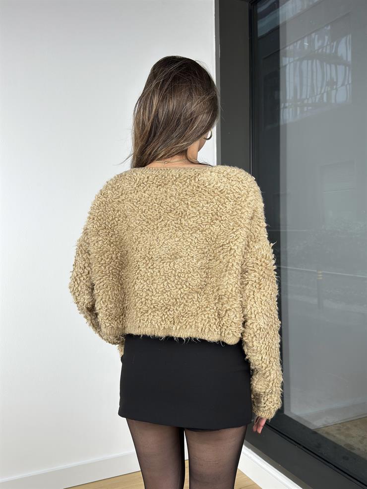 İnci Düğmeli Püsküllü Naonka Camel Kadın Hırka 25K321