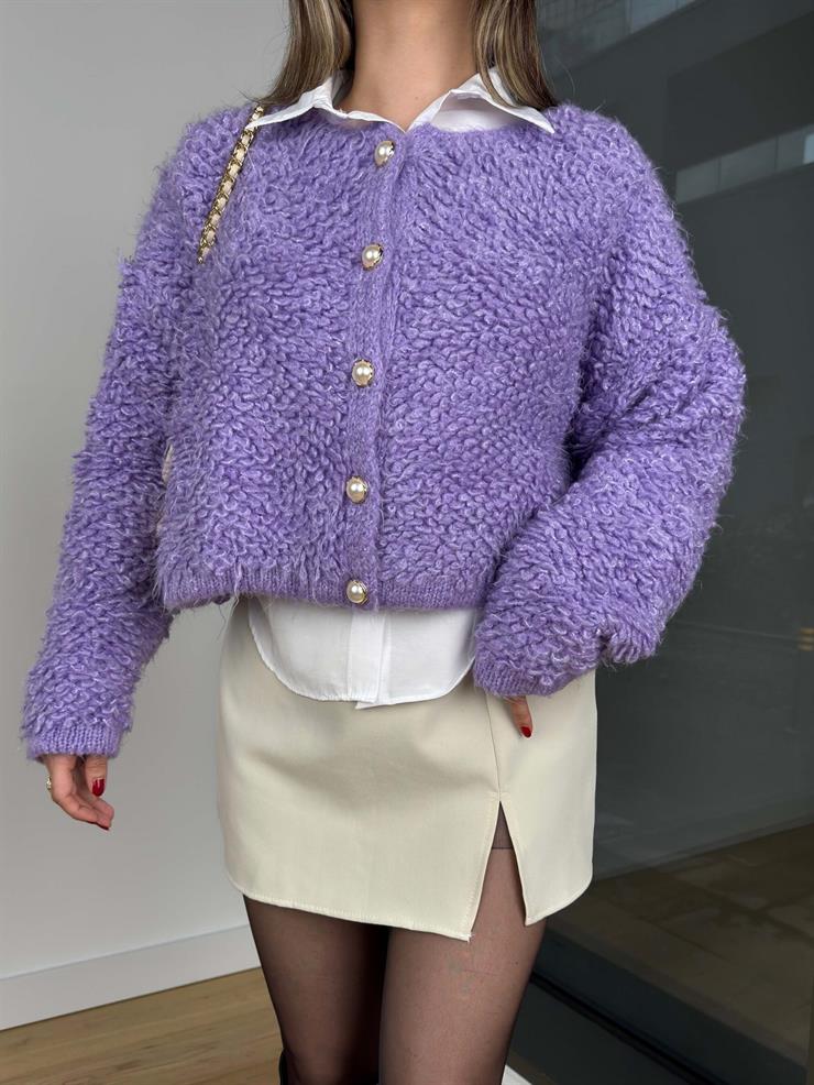 İnci Düğmeli Püsküllü Naonka Lila Kadın Hırka 25K321