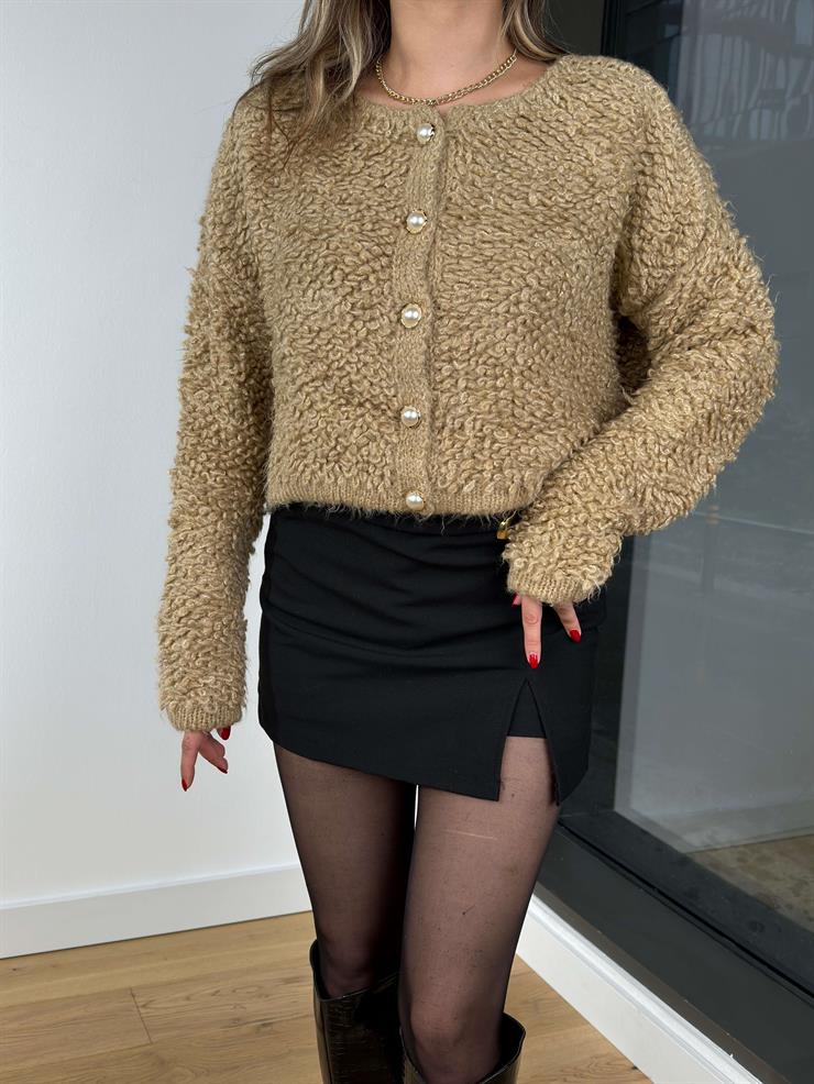 İnci Düğmeli Püsküllü Naonka Camel Kadın Hırka 25K321