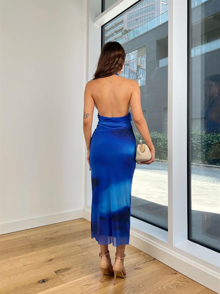 V Yaka Boyundan Askılı Drapeli Nasra Kadın Saks Midi Elbise 24Y747