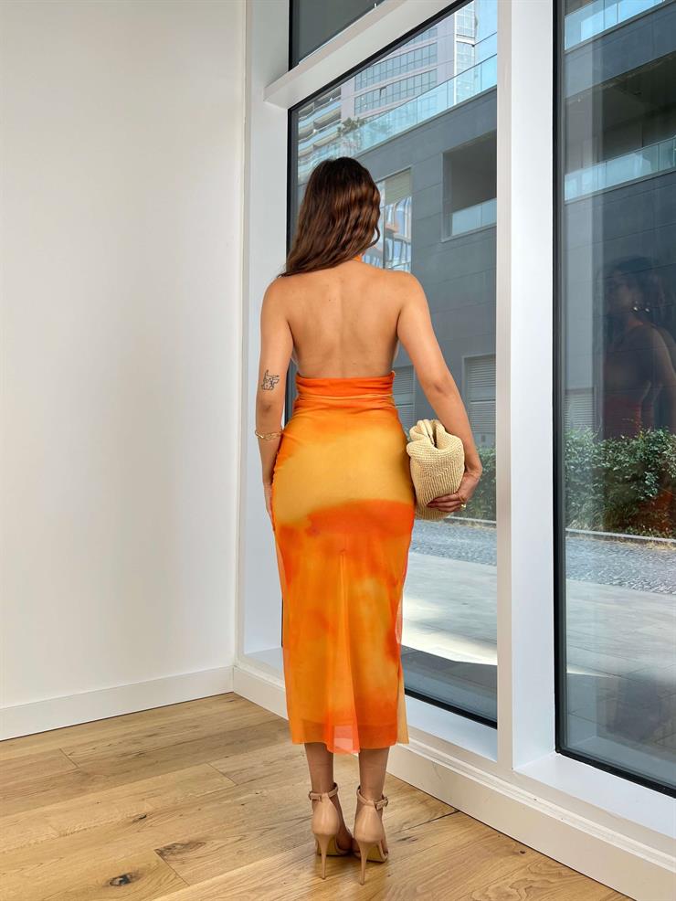 V Yaka Boyundan Askılı Drapeli Nasra Kadın Turuncu Midi Elbise 24Y747