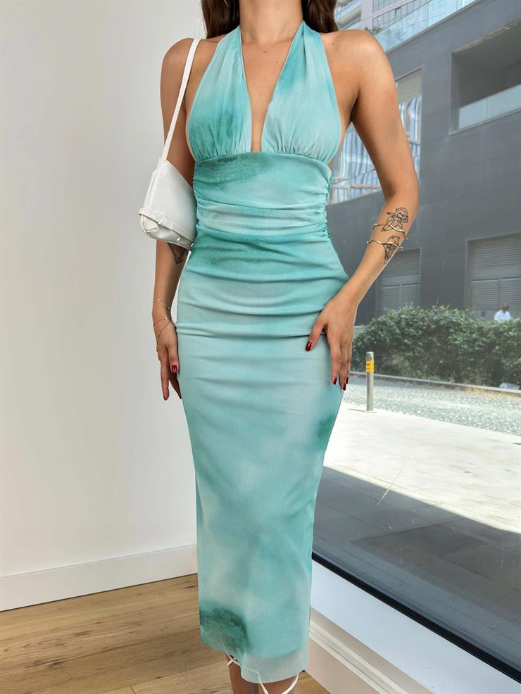 V Yaka Boyundan Askılı Drapeli Nasra Kadın Mint Midi Elbise 24Y747