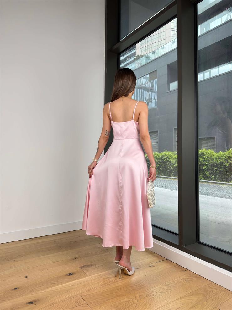 Kalp Yaka Askılı Naston Pembe Kadın Saten Elbise 25Y314
