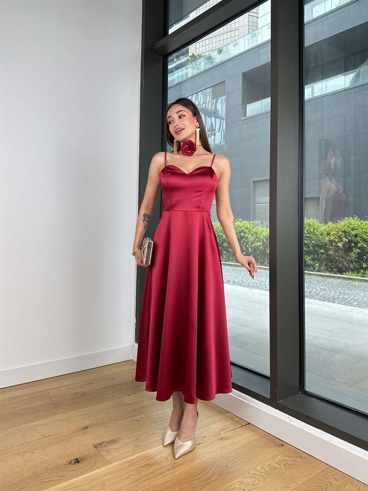 Kalp Yaka Askılı Naston Bordo Kadın Saten Elbise 25Y314