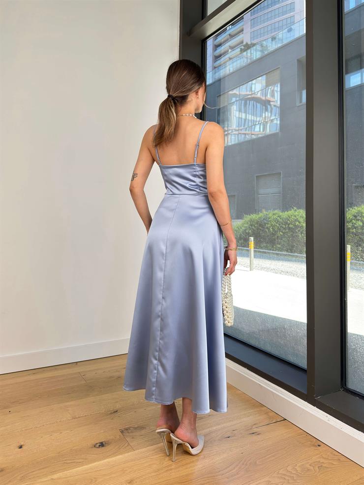 Kalp Yaka Askılı Naston Mavi Kadın Saten Elbise 25Y314