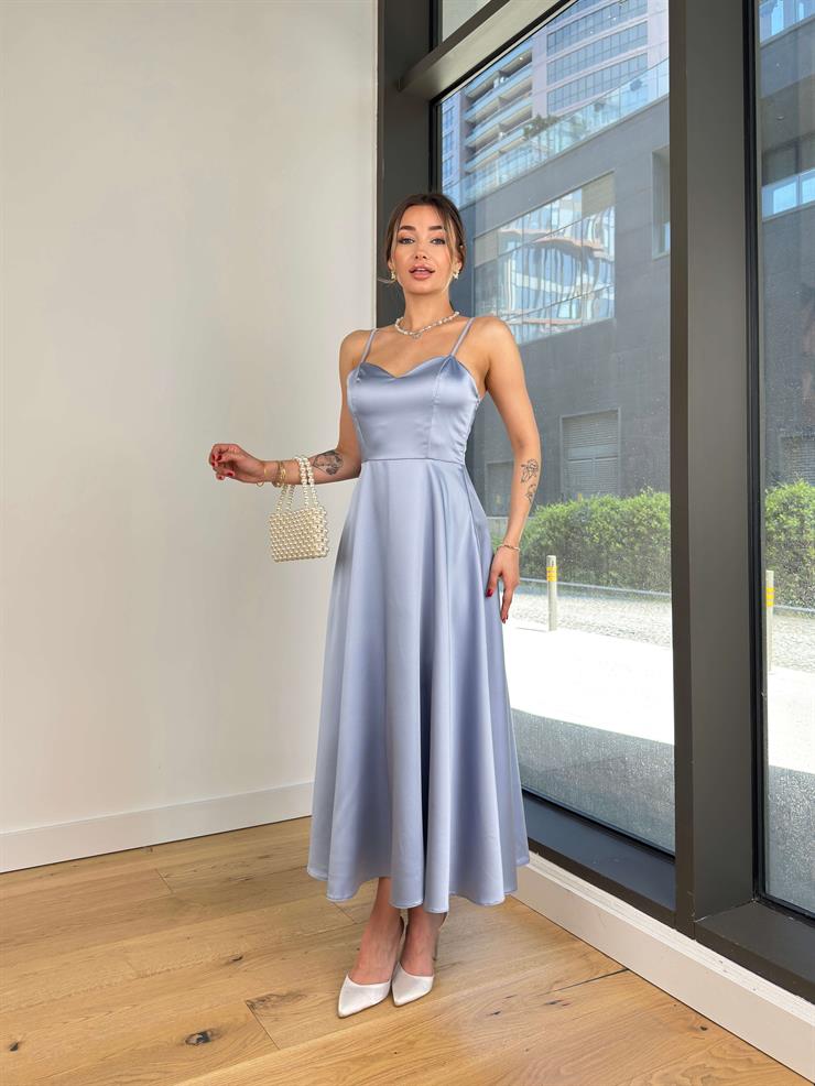 Kalp Yaka Askılı Naston Mavi Kadın Saten Elbise 25Y314