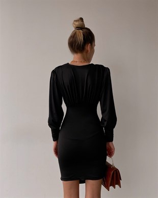 Mini V Yaka Drape Nathan Kadın Siyah Elbise 22K000423