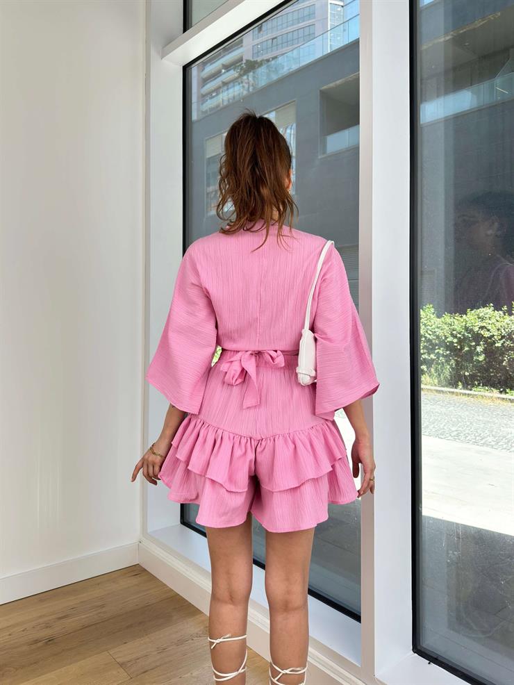 Kruvaze Yaka Belden Bağlamalı Geniş Yarım Kol Crop Yüksek Bel Mini Katlı Etek Nathan Kadın Pembe Takım 24Y661