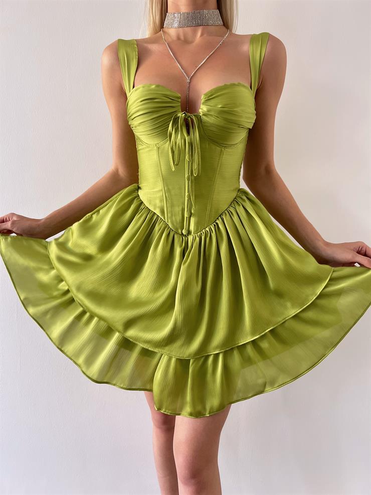 Askılı Korse Görünümlü Önü Düğme Detaylı Natureza Kadın Yeşil Mini Elbise 23Y000254