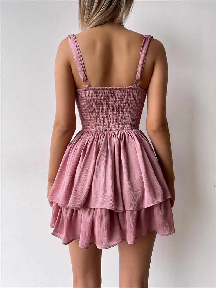 Askılı Korse Görünümlü Önü Düğme Detaylı Natureza Kadın Pudra Mini Elbise 23Y000254