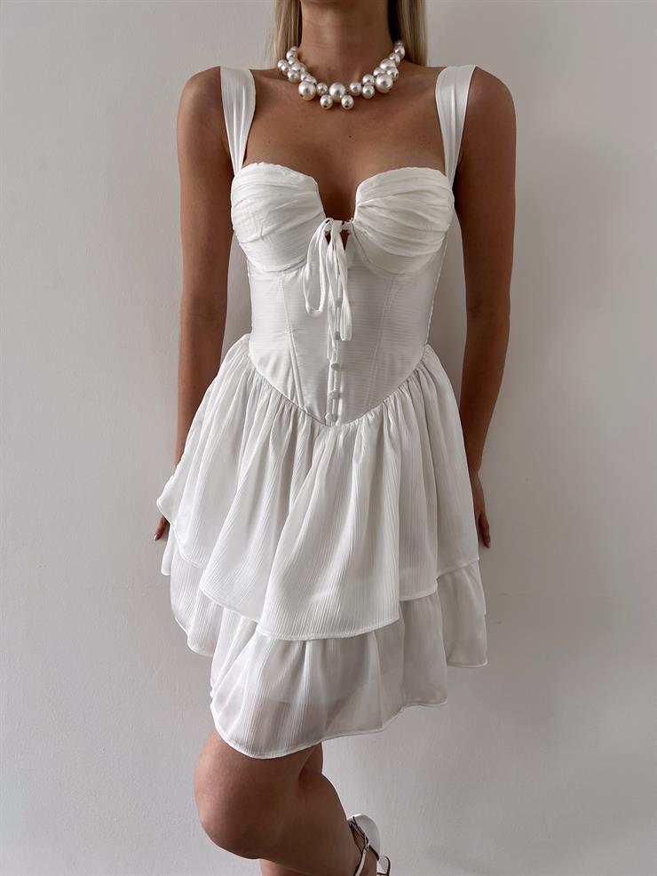 Askılı Korse Görünümlü Önü Düğme Detaylı Natureza Kadın Beyaz Mini Elbise 23Y000254