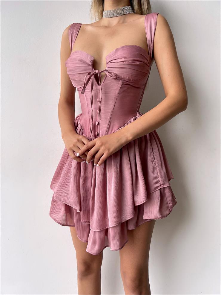 Askılı Korse Görünümlü Önü Düğme Detaylı Natureza Kadın Pudra Mini Elbise 23Y000254