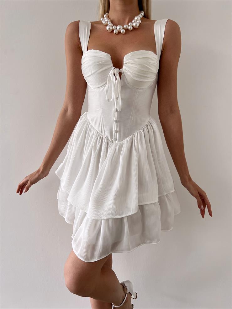 Askılı Korse Görünümlü Önü Düğme Detaylı Natureza Kadın Beyaz Mini Elbise 23Y000254