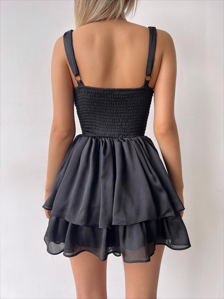 Askılı Korse Görünümlü Önü Düğme Detaylı Natureza Kadın Siyah Mini Elbise 23Y000254