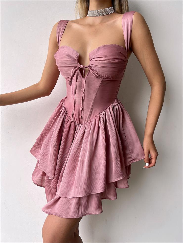 Askılı Korse Görünümlü Önü Düğme Detaylı Natureza Kadın Pudra Mini Elbise 23Y000254