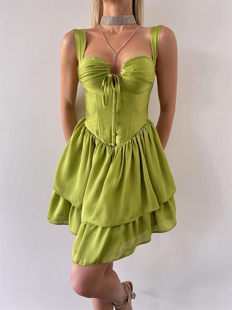 Askılı Korse Görünümlü Önü Düğme Detaylı Natureza Kadın Yeşil Mini Elbise 23Y000254