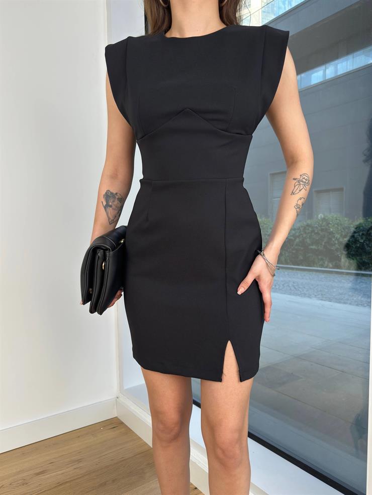 Kolsuz Eteği Yırtmaçlı Nava Kadın Siyah Mini Elbise 24Y378