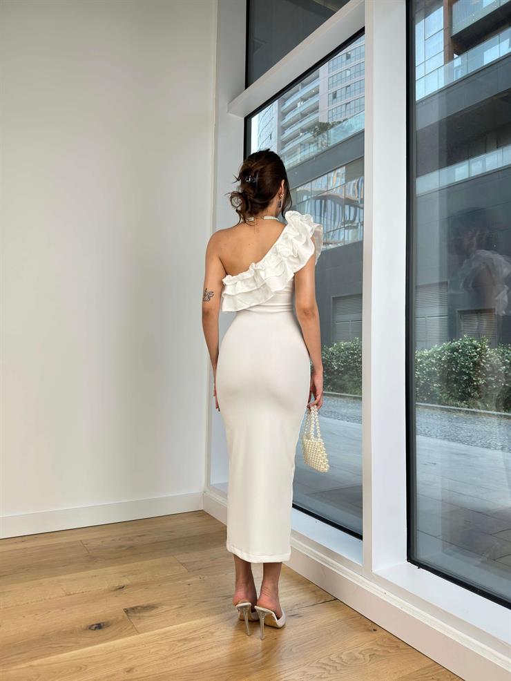 Tek Omuz Askılı Önü Fırfır Detaylı Nayely Kadın Beyaz Elbise 24Y649