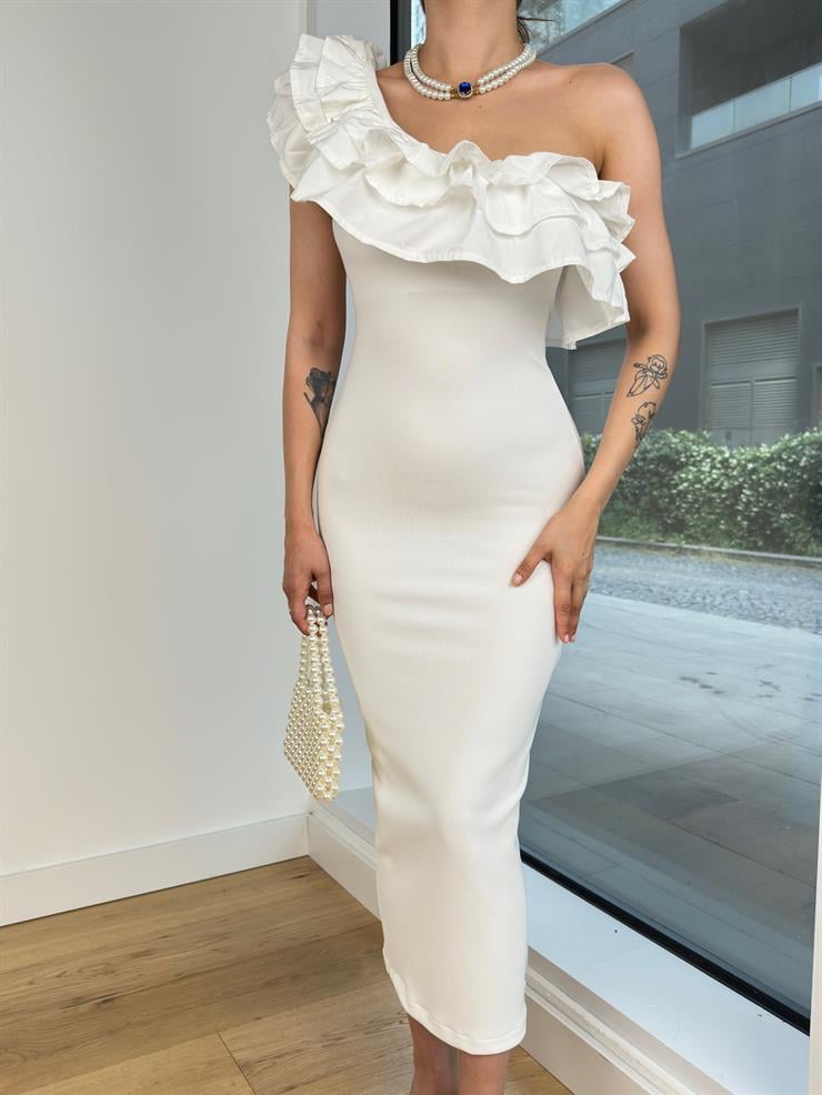 Tek Omuz Askılı Önü Fırfır Detaylı Nayely Kadın Beyaz Elbise 24Y649